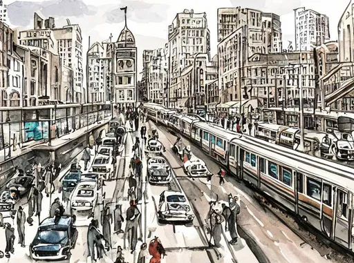 Prompt: A city scene showcasing public transportation and private transportation. trains, busses, cars, bikes, and pedestrian. In a lineart and watercolor style.