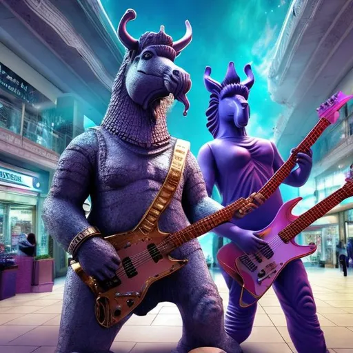 Prompt: Lamassu playing a double-necked Guitar for spare change in a busy alien mall, widescreen, infinity vanishing point, galaxy background, surprise easter egg