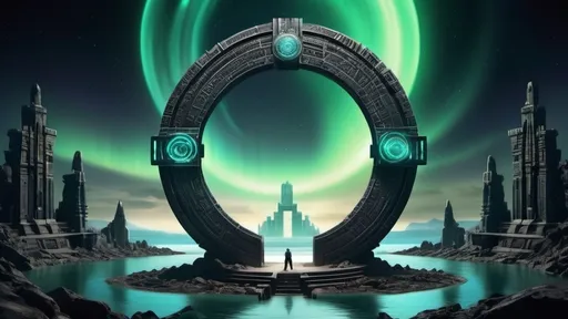 Prompt: magical portal between cities realms worlds kingdoms, circular portal, ring standing on edge, upright ring, freestanding ring, hieroglyphs on ring, complete ring, ancient aztec architecture, atlantis setting, aurora borealis, panoramic view, dark night, futuristic cyberpunk tech-noir setting