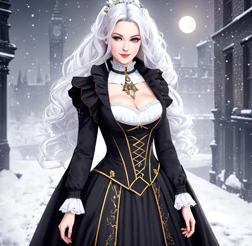 Prompt: {{{{highest quality full body splash art masterpiece, landscape, UHD, 8K, highly detailed, panned out view of the character, visible full body, Victorian Street of London setting, night off the full moon, ethereal, unnatural grey-skinned vampire girl, beautiful detailed face, discrete smile, white hair with precious gems, . She is a pure blood Direct descendant from Count Dracula and her name is Mina Harker. She wears a Victorian man suits, and long pants with gold trim. (She's walking through the night under the full moon on the Victorian streets of London ). }}}}