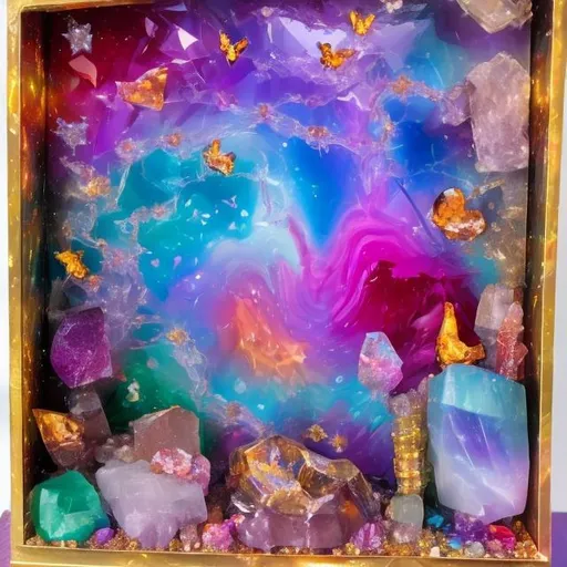Prompt: Crystal collection diorama in the style of Lisa frank