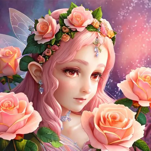 Prompt: fairy goddess, peach roses, closeup