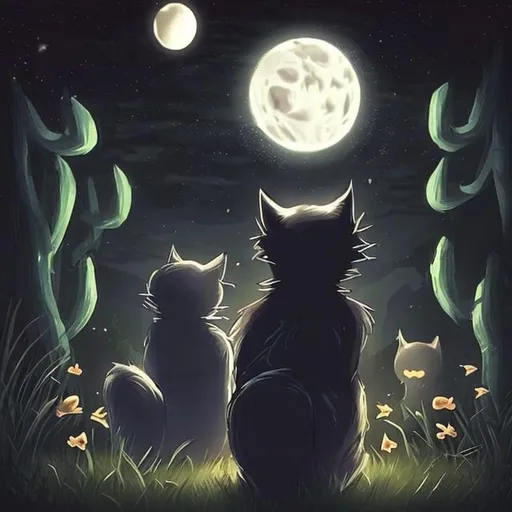 Prompt: Dark cat in the middle of night looking forward to the beautiful moon and I only see his back with his wife cat beside him, theme saddest thing that ever happened to me
