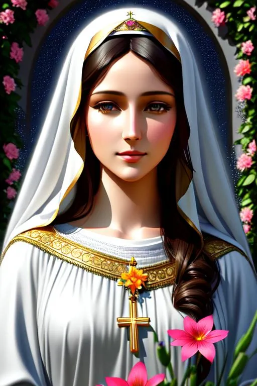 Prompt: Virgin mary, beautiful, simmetrycal, flowers around, beautiful garden, digital painting, detailed face, gray day, volumetric lights,