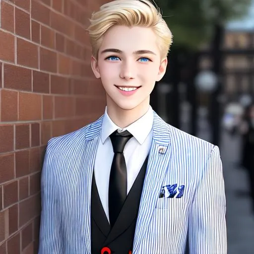 Prompt: Art of a smiling noble fifteen year old boy with blond hair at a gala. He wears a white suit jacket with vertical blue and dark red stripes, blue vest with black buttons, a white dress shirt with black necktie, black trousers with thin white pinstripes, and a pair of black and white oxford dress shoes. He has bright blue eyes and smooth soft skin. intricate, elegant, highly detailed, digital painting, trending on artstation, detailed face, realistic face, smooth, sharp focus, 8k, UHD, illustration art by Stanley Lau