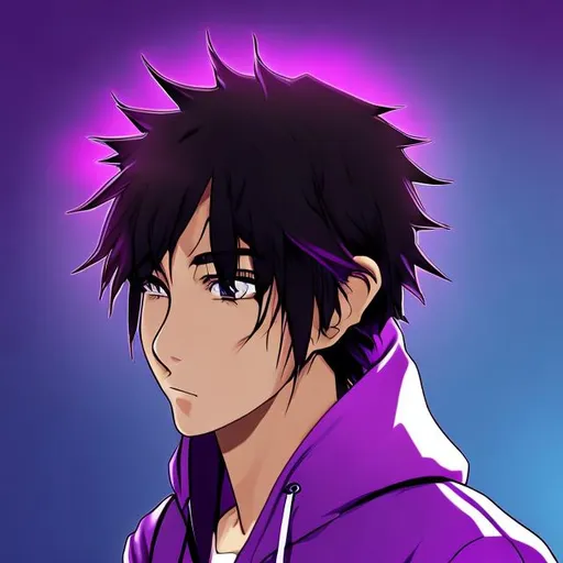 Prompt: anime profile pictures, purple and black, black hair, men, hoodie
