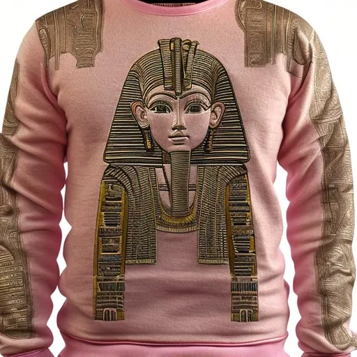 Prompt: Men's winter pink wool sweatshirt inspired by the ancient Pharaonic civilization and written on it in golden color in the ancient Egyptian language I am Egyptian