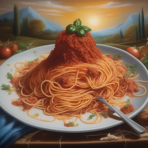 Prompt: a spaghetti bolognese transforms into a landscape, surrealistic painting