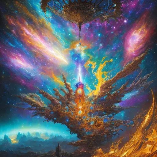 Prompt: Resonance of intercepting points, cosmic, vibrant colours, majestic, beautiful, Maximalist oil on canvas painting, in the style of Paul Gustave Dore, 3D trending on Artstation CryEngine,