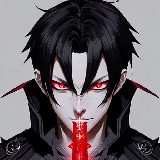 Prompt: Handsome alien hybrid, detailed eyes, shadows emanating from the obsidian sword, a young anime man with black hair, crimson eyes, a cold expression, wearing a black trenchcoat, holding an obsidian sword emanating shadows in each of his hands fantasy , clear sparkling black glowing eyes, red eyes, intricately detailed face, black haired assassin with a fringe haircut wearing a black trenchcoat while holding an obsidian sword, intricate, highly-detailed, ultrarealistic face, large landscape, mechanics, dramatic lighting, gorgeous face, lifelike, stunning, anime young man face, short black luxurious hair with a fringe haircut, digital painting, large, artstation, illustration, concept art, smooth, sharp focus, highly detailed painting, looking at viewer, full body, photography, detailed skin, realistic, photo-realistic, 8k, highly detailed, full length frame, High detail, full body art, 