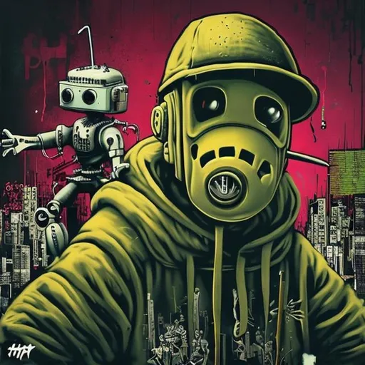 Prompt: hip-hop artwork inspired by 
Banksy & robots

