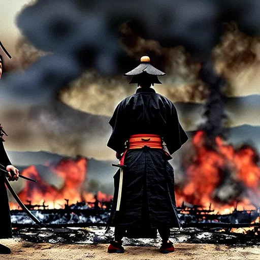 Prompt: The last remaining samurai on Earth watches the battlefield devastated by fire.
