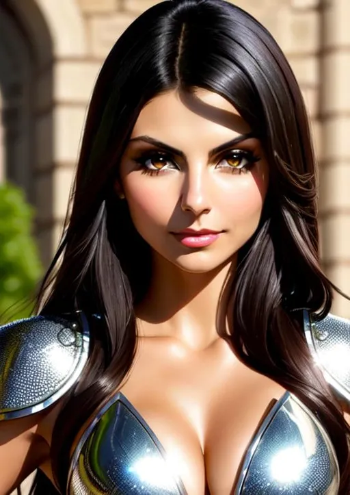 Prompt: Mix victoria justice and Morena Baccarin, green eyes, black long hair, dark skin, cleavage, shining silver plate armor, shining silver crown on head, castle wall, best quality 