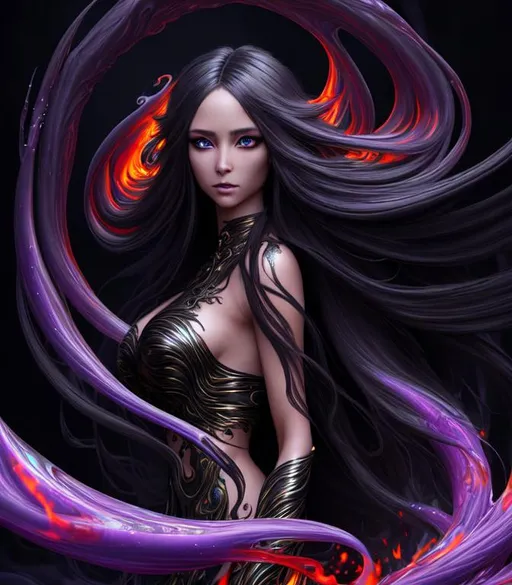 Prompt: Serene, Magical, Fantasy, Epic cinematic, Vivid, 3D HD Beautiful [{one}{Goddess}Female liquid smoke, Beautiful big reflective eyes, long flowing hair, beautiful hands]::2, expansive molten background, hot, freeform colorful chaos, hyper realistic, 8K --s98500