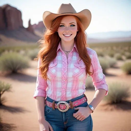 Prompt: Full height photo of Beautiful curvaceous young model, suntanned white skin, long red head hair, vibrant blue eyes, intricate face detail, arched eyebrows, wearing a pink checked shirt, blue jeans, pink cowboy boots, pink cowboy hat, leather belt with silver buckle, pink crystal jewelry, smiling, standing outside in a desert southwest town, daylight, high-res, professional photo, advertising style, highly detailed, perfect hands, pink color theme.