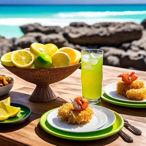 Prompt: "Generate an image of a scene at a tropical beach resort, with the table meticulously decorated to emphasize its intricate details. Place a glass of exceptionally refreshing and sparkling lime juice with a vivid green color, made from bright green Tahiti lemons with ice cubes. Set the plate of beautifully presented breaded shrimp separately. However, give the utmost attention to the magnificent serving platter, prominently featuring a meticulously crafted Valencian paella as the centerpiece of the scene. The paella should be exquisitely prepared, with vibrant colors and an inviting presentation. Ensure that the entire scene exudes an atmosphere of a beachside summer vacation, with the paella as the star of the show, all meticulously presented and beautifully arranged."" ultra hd, realistic, vivid colors, highly detailed, UHD drawing, pen and ink, perfect composition, beautiful detailed intricate insanely detailed octane render trending on artstation, 8k artistic photography, photorealistic concept art, soft natural volumetric cinematic perfect light"

