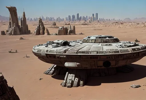 Prompt: Photograph, millenium falcon landing in a desert, dusty Futuristic city in the middle distance.