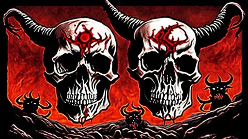 Prompt: an album cover  of a steamphunke skull with crakes on it from the crakes there is blood dripping, the album is from lord of the lost x iron maiden, also on the cover of the album is a with and red mostly with just some red tints demon, the demon is holding the skull in the left hand, next to the demon is demonic cat, there is this dark phantasie town of darkness,  in the rigth hand of the demon is a red gitar shaped in the form of a cruseafix, the name of the album is Spear Of The Poisoner this should be shown in text small on down side of the pictur more to the corner but not to close ot the corner,  must look like demoonic drawing, size 16:9