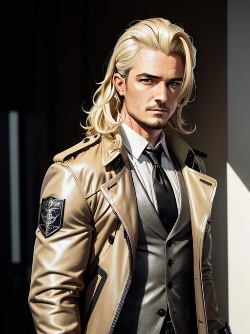 Prompt: perfect composition, {30 year old}, lean {Orlando Bloom}, wearing {tech vest and leather trench coat}, {shoulder length blonde hair slicked back}, {light blonde beard}, {blonde eyebrows}, extra masculine, peak fitness, determined expression, looking at viewer, 8k eyes, detailed face, wlop, stanley artgerm lau, artstation, hd, octane render, hyperrealism intricate details, 8k, cinematic volumetric light, proportional, art trending on artstation, sharp focus, studio photo, intricate details, highly detailed, intricate artwork masterpiece, ominous, intricate, epic, trending on artstation, highly detailed, vibrant, production cinematic character render, ultra high quality model, 