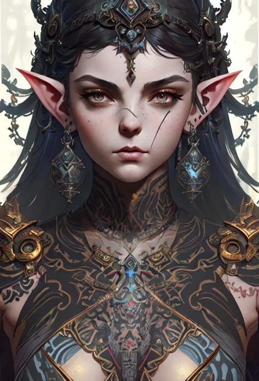 Prompt: Beautiful Dark Elf with tattoos in an elaborate temple, Camren Bicondova Mckenna Grace Amy Forsyth, By Ruan Jia, By Guweiz, Medium Close Up, 16k, hypermaximalist, Award-winning, cel shaded, depth, HDR, Complimentary colors 