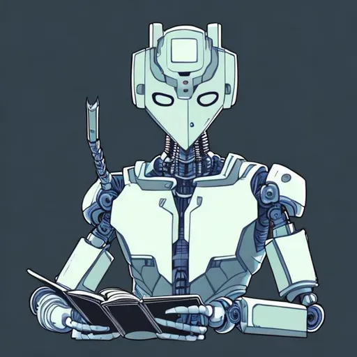 Prompt: a male robot with a book in hand  in anime style and that’s at least 98 x 98 pixels and 4MB or less. 