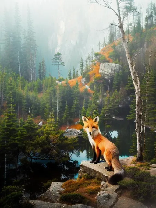 Prompt: Fox standing on a rock outcrops looking over a lake at misty mountains