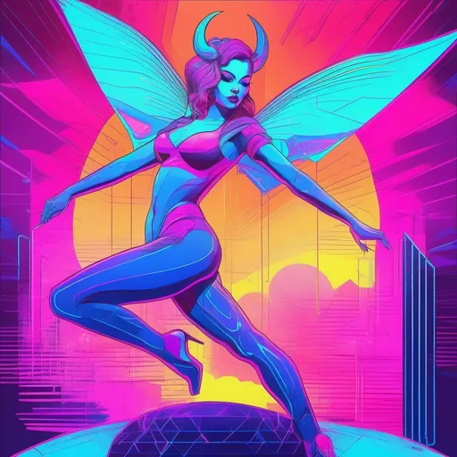 Prompt: a beautiful female demon in a dynamic pose in a retro futuristic synthwave neon paradise.  neon lighting, high quality, beautiful, masterpiece, artistic, synthwave, cyber, retro, futuristic