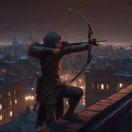 Prompt: DnD archer on rooftop aiming at target in the street at night, a masterpiece, 8k resolution, dark fantasy concept art, by Greg Rutkowski, dynamic lighting, hyperdetailed, intricately detailed, trending on Artstation, deep color,, volumetric lighting, Alphonse Mucha, Jordan Grimmer, complementary colours, 