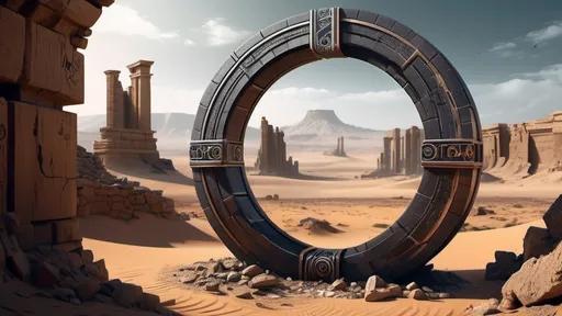 Prompt: magical portal between cities realms worlds kingdoms, circular portal, ring standing on edge, upright ring, freestanding ring, hieroglyphs on ring, broken ring, ruins, crumbling pillars, broken archways, ancient roman architecture, desert wilderness setting, panoramic view, futuristic cyberpunk tech-noir setting