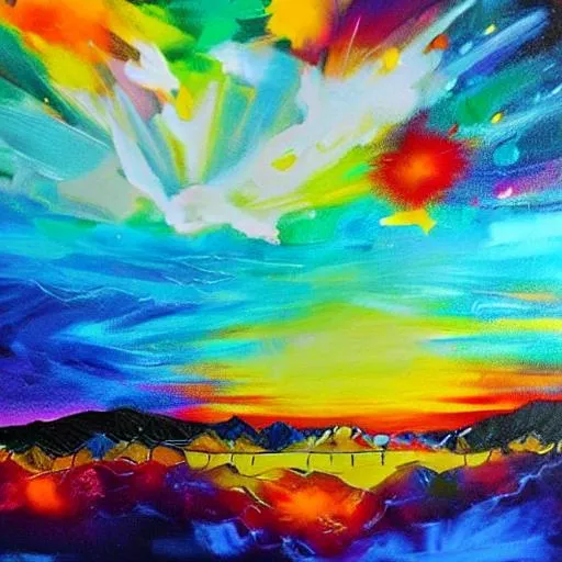 Prompt: Sitting at the table playing cards with the universe and the clouds are going to be ok with all of the painting like this one and then the sun shines bright vibrant colors on Saturday morning painting textured abstract vivid details 