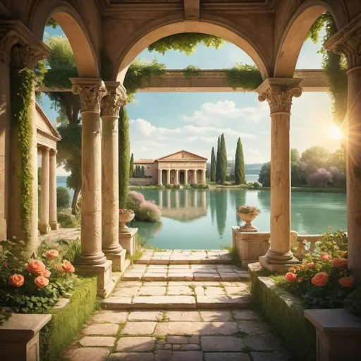 Prompt: an elegant roman villa with a beautiful garden, overlooking a lake, roman architecture of the 1st century, ,ancient scene, with historical details, roman empire period, painting style