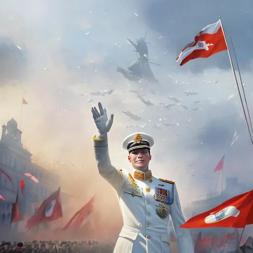 Prompt: Valery Mikhailovich Sablin, red flag waving behind, face centered portrait, confident, fog, rain, volumetric lighting, soft light particles floating near him, illustration, perfectly shaded, soft painting, parade white clothes, white gloves, parade ship captain white peaked cap, parade ship captain white jacket, oval face, fallen in jaw, medium sized nose, young european, young, skinny face. Soviet Union Lenin's propaganda like style. 