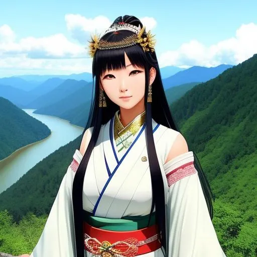 Prompt: Sure, here is your modified prompt:

A stunning Japanese goddess, aged 23, stands tall at 10,000ft, towering over the landscape. Her gorgeous body is made out of the mountains, with flowing hills of hair and lush forests for clothing. Her jewelry is made of rivers, lakes, and oceans, while her eyes are the sun and moon, providing warmth and light to the surrounding land. The goddess exudes a sense of power and majesty, her presence felt throughout the land.