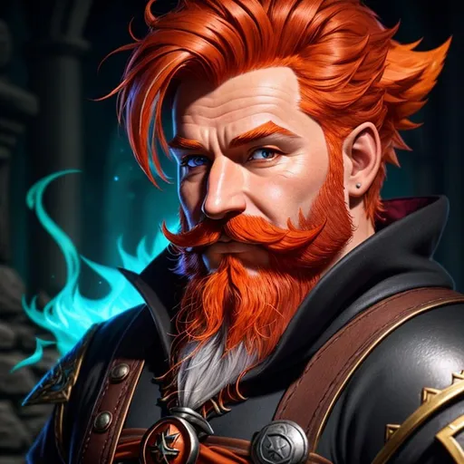 Prompt: male gnome, dnd character, sorcerer, flamboyant outfit, wide well groomed handlebar mustache, orange hair with red highlights, orange facial hair, oil painting, fantasy,  UHD, hd , 8k, , hyper realism, Very detailed, zoomed out view of character, panned out view, full character visible, is wearing medieval attire