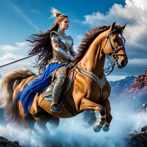 Prompt: Behold a stunning portrayal in art, where ""a warrior princess"" riding a horse. Her flowing, braided hair shimmers in a captivating blend of gold and silver, complemented by her mesmerizing blue eyes. Clad in armor adorned with precious gemstones, she emanates both power and elegance. Brandishing a sword, her poise and grace are unmistakable. Atop a magnificent white horse, she effortlessly commands the scene with her regal aura.
