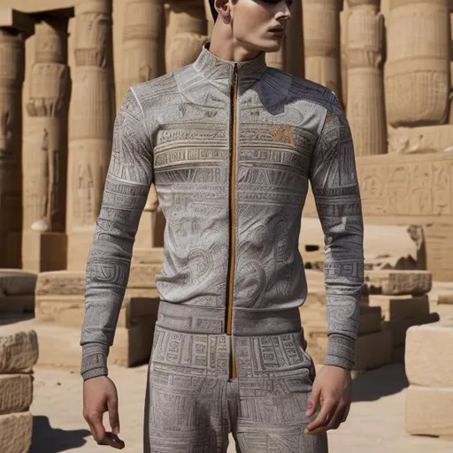 Prompt: A winter men's sports suit with a modern design and inspired by the inscriptions and drawings of the ancient Egyptian civilization, which blends elegance with tradition and history in fashion