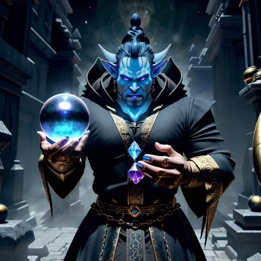 Prompt: 3D, HD, Sinister, insanely scary tiny "{male}Ogre dressed in {Sorcerer} outfit holding crystal ball in the palm of his hand" universe background, ((insanely detailed alert crystal blue eyes)), enchanted, magical, Expansive Ogre Temple background, shadows, golden ratio, epic, intricate, cinematic character render, hyper realistic, 64K --s98500"