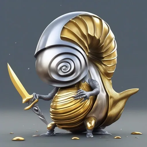 Prompt: Blade Snail with a gold shell and a silver body, silver slime, floating swords, Masterpiece, Best Quality, in comic book style