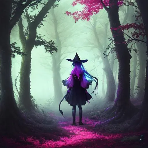 Prompt: anime witch, colorful, dark forest, misty, realistic, heavily detailed, 4k