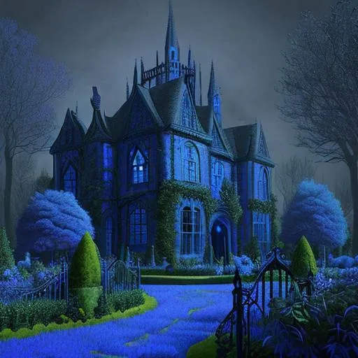 Prompt: Blue trees in a garden with a spooky gothic house, style of Tyler Edlin