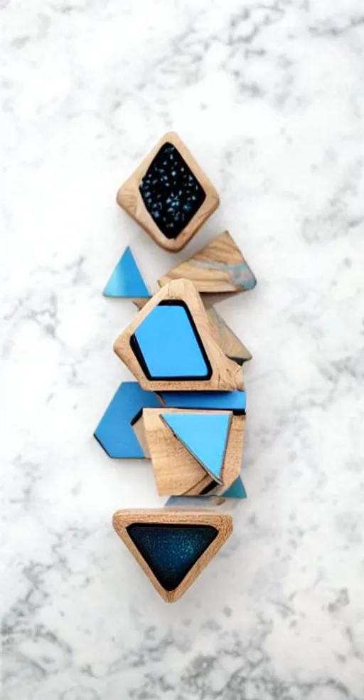 Prompt: wood cube, iridescent stain, black hexagon, blue dots, one pice