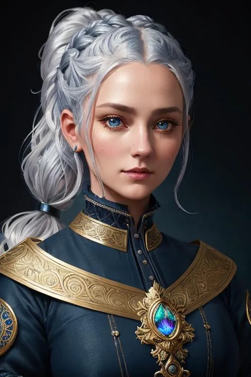 Prompt: character concept of | a young woman with curly platinum silver hair pulled back in a pony-tail and dark blue eyes | wearing ornate medieval clothing | by samdoesart, anna dittmann, gustave dore, yoshitaka amano, karol bak | golden ratio, neon lighting, deep colors, symmetrical face, accurate anatomy, ultra-fine details, soft contrast