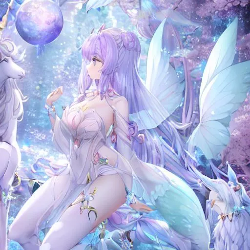 Prompt: a whimsical and enchanting creature inspired by mythical creatures like unicorns and fairies. She has a slender and graceful figure, with shimmering pastel-colored fur and delicate, translucent wings. Luna's eyes are large and expressive, radiating a sense of wonder and magic.