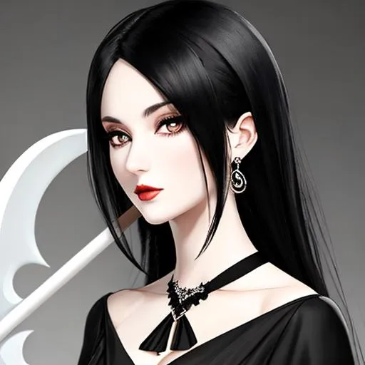 beautiful woman, black hair, pale skin, black dress,...