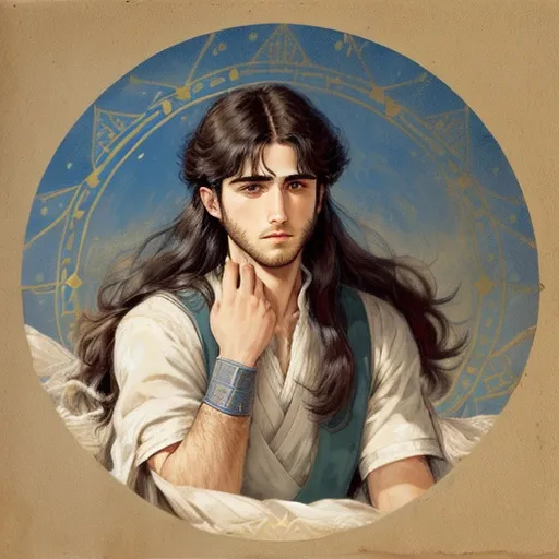 Prompt: Mesopotamia, ancient greece, celestial, young prince with flowing flack hair