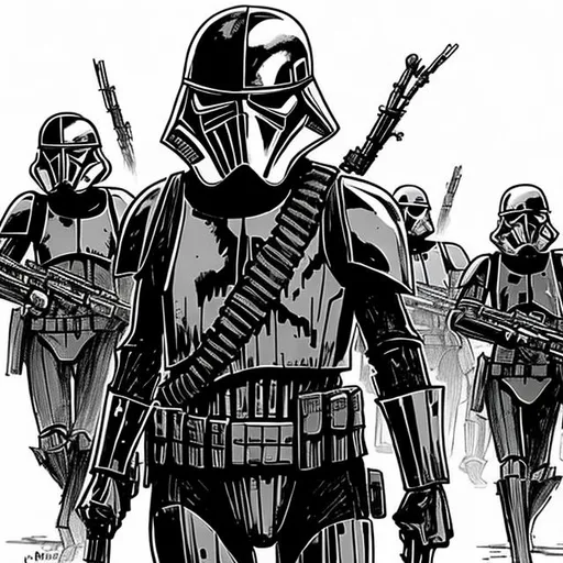Prompt: Make a sketched phonk style art of a  Star Wars death trooper  marching with other troopers in a base on Endor use the web for reference minus the phonk part but then make it into a phonk sketched style.
