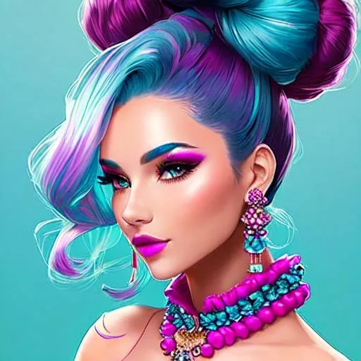 Prompt: An extremely gorgeous woman,  with top knots full of cyan jewels, in color scheme of cyan and magenta