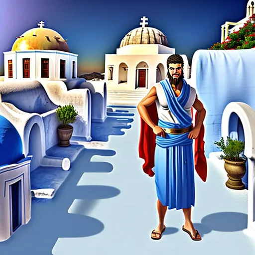 Prompt: A Greek person is a toga over a Greek-inspired business suit, the person is wearing a ten-gallon hat, the area is surrounded by buildings with blue domes, landscape, realistic, photograph, Santorini