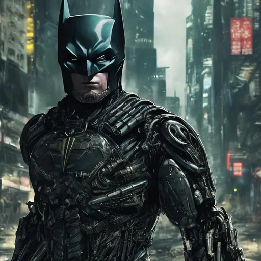 Prompt: Very dark black, gold and green evil distant future bionic enhanced batman. Super soldier. Accurate. realistic. evil eyes. Slow exposure. Detailed. Dirty. Dark and gritty. Post-apocalyptic Neo Tokyo. Futuristic. Shadows. Sinister. Armed. Fanatic. Intense. 