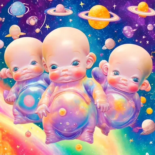 Prompt: Kewpie babies in outer space in the style of Lisa frank